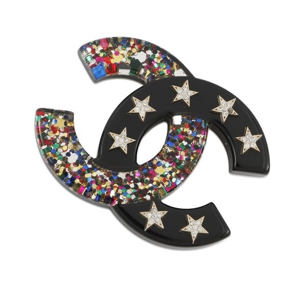 CHANEL CC Logo Star Brooch Plastic/Metal/Rhinestone Black/Multicolor - Picture 2 of 9